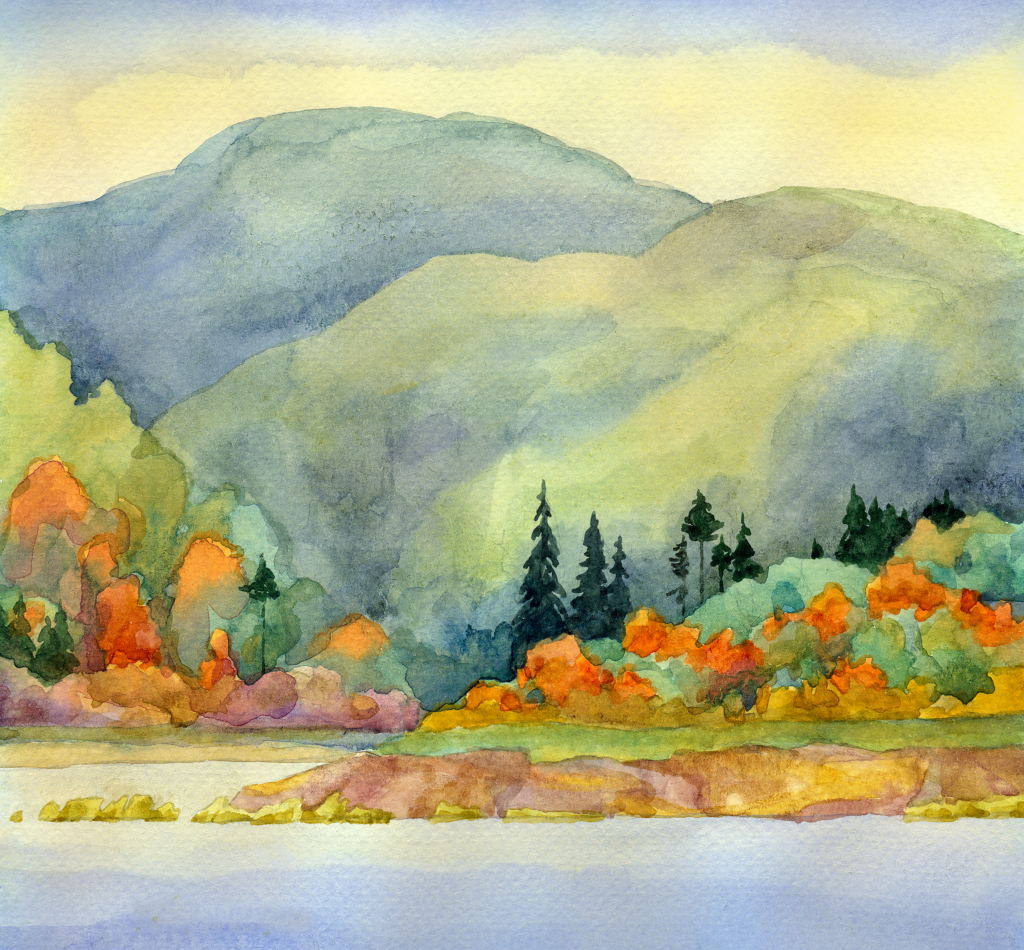 Watercolor painting of mountains, trees and a river.
